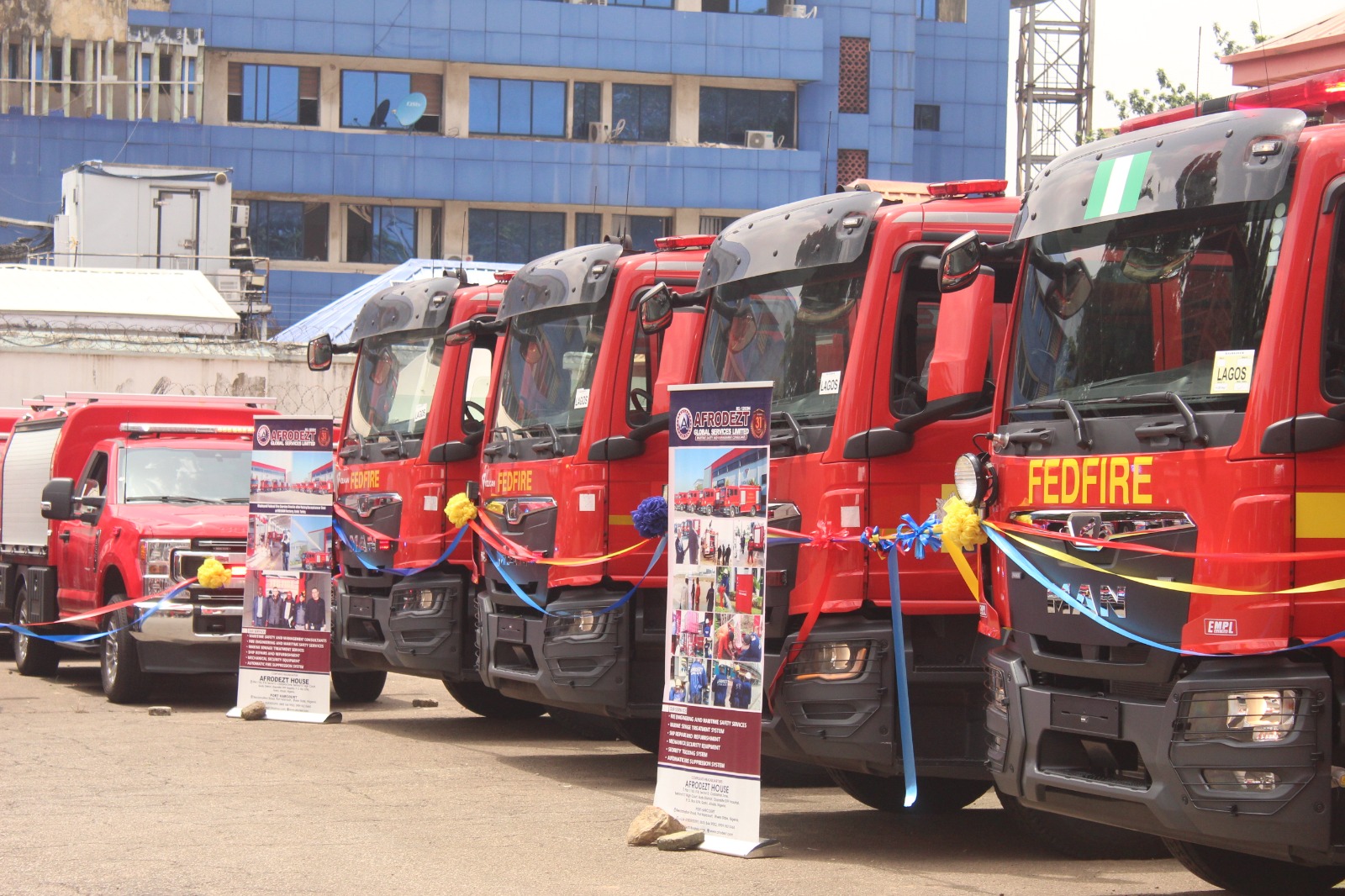 Federal Fire Service trucks lined up for commissioning