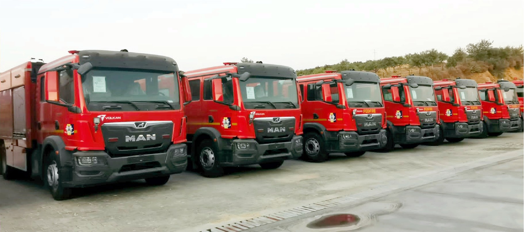 Line of Afrodezt fire fighting trucks