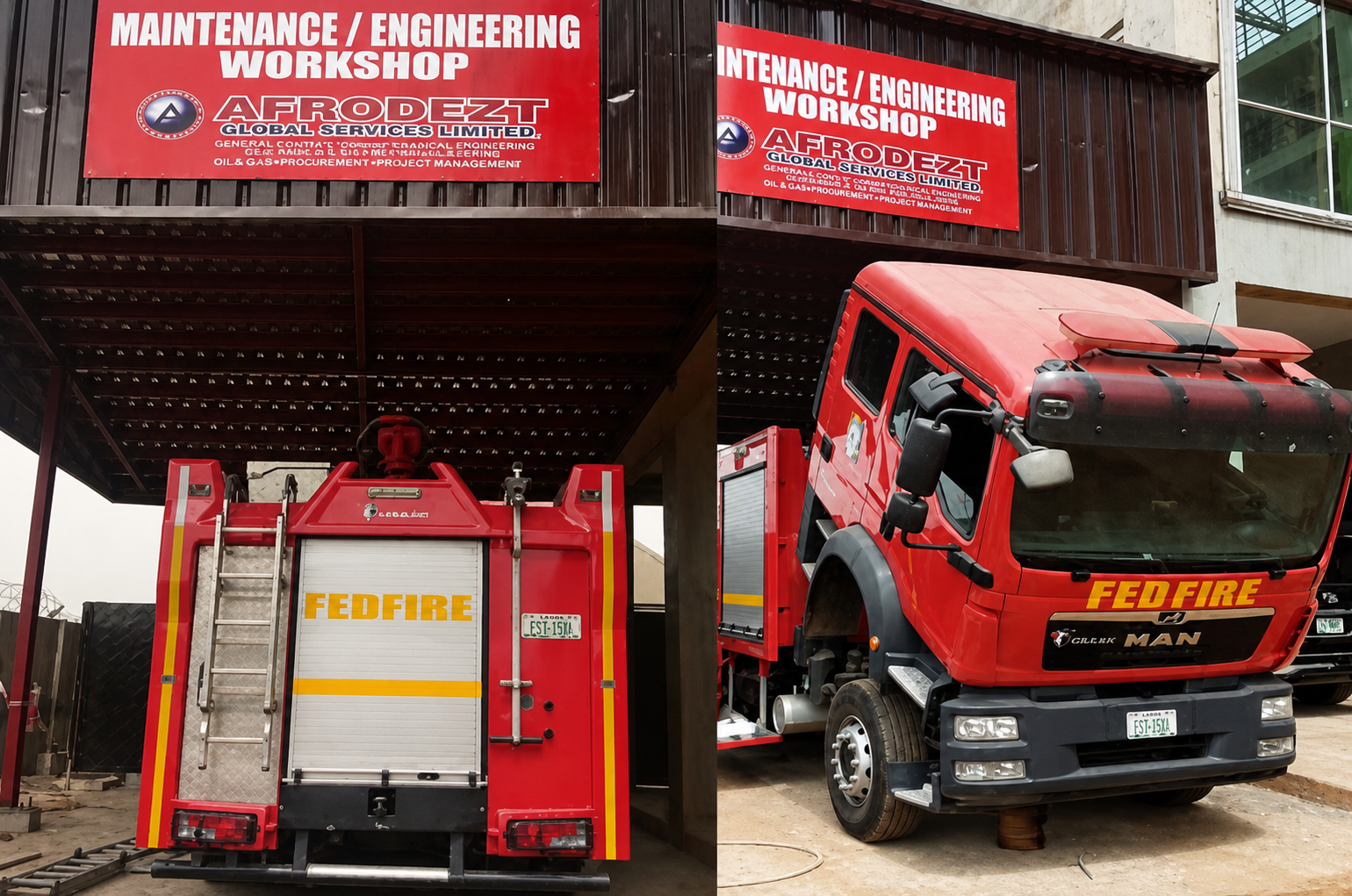 Afrodezt maintenance and engineering workshop with fire truck